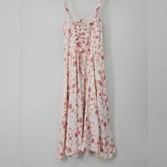 Floral Rusched-Bust Corset Waist Fit & Flare Midi Dress w Tie Front Lace-up Back - Picture 12 of 17